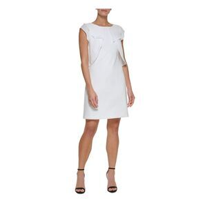DKNY Womens White Split-overlay Unlined Flutter Sleeve Sheath Dress Petites 4P